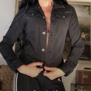 Black Women's Denim Jacket - Classic Button-Front